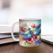 Floral insect-themed tea mug. Custom name dragonfly coffee cup. Floral insect-themed tea mug. Sitting on a table with favorite book.